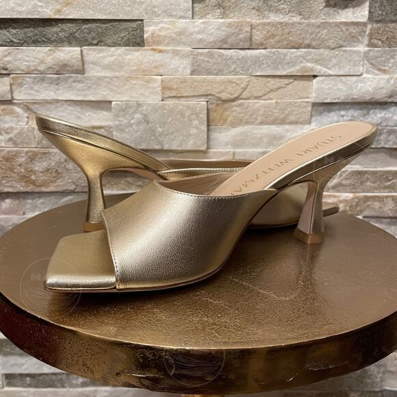 Stuart Weitzman 7.5 Gold Tia Slide Sandals | Calfskin Leather Heels Spain $395 - Picture 1 of 9